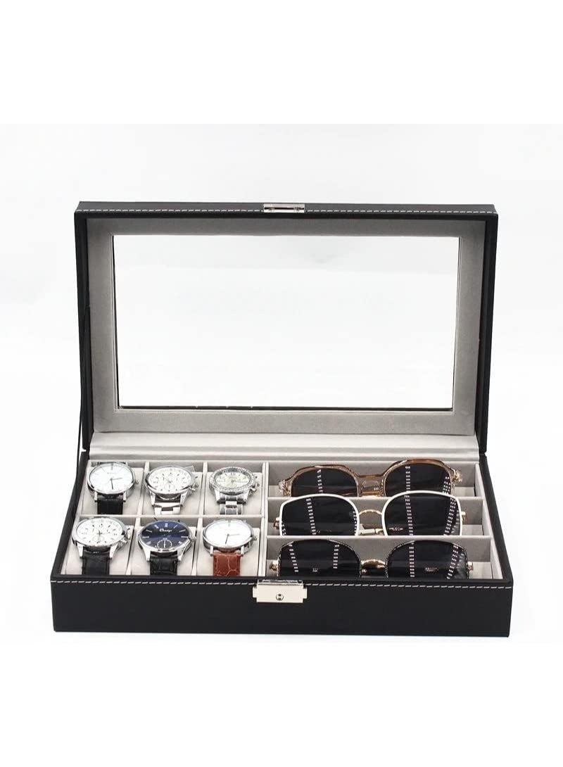 Leather Watch Glasses Box -Watch And Glass Display Case Holder Storage Organizer Jewelry Display- 6 Slots For Watches And 3 Slots For Glasses - Image 2